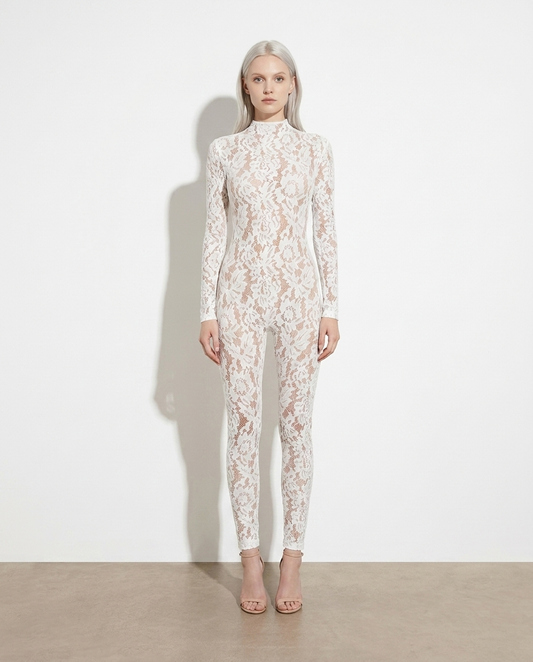 Lorelei Lace Mock Neck Long Sleeve Jumpsuit on model