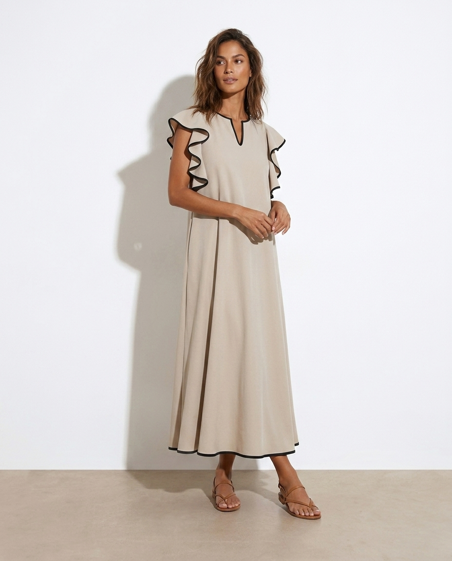 Lyuba Ruffle Trim Notched Midi Dress on model