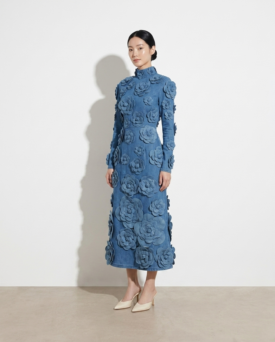 Maayan Floral Applique Strapless Denim Dress on model