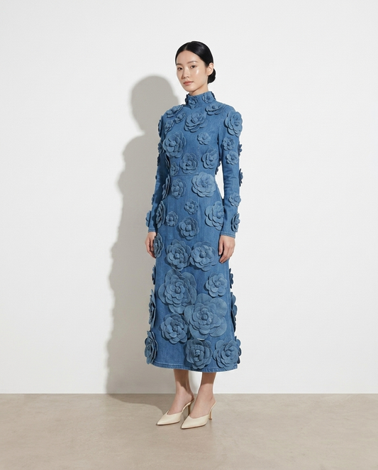 Maayan Floral Applique Strapless Denim Dress on model