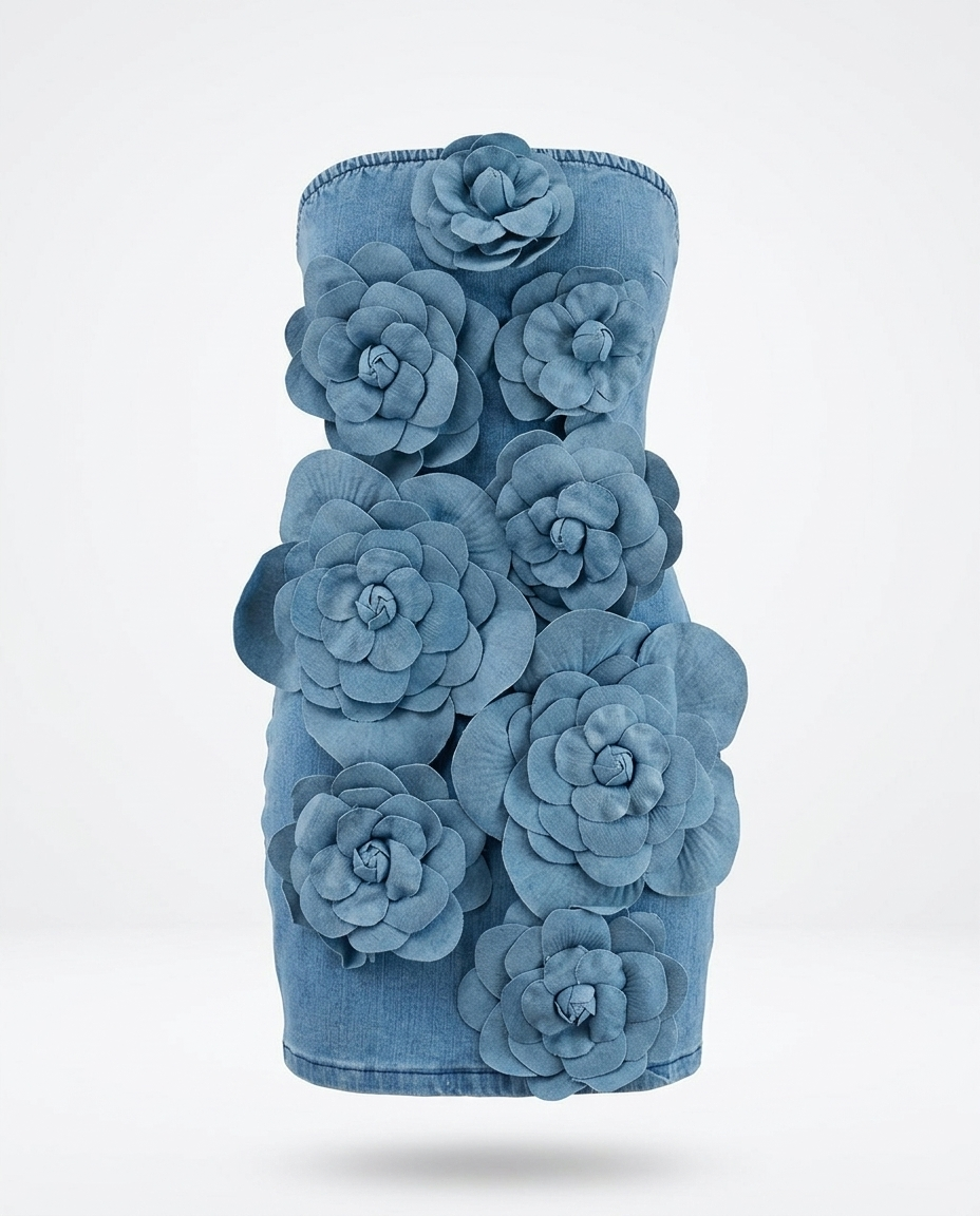 Maayan Floral Applique Strapless Denim Dress mannequin