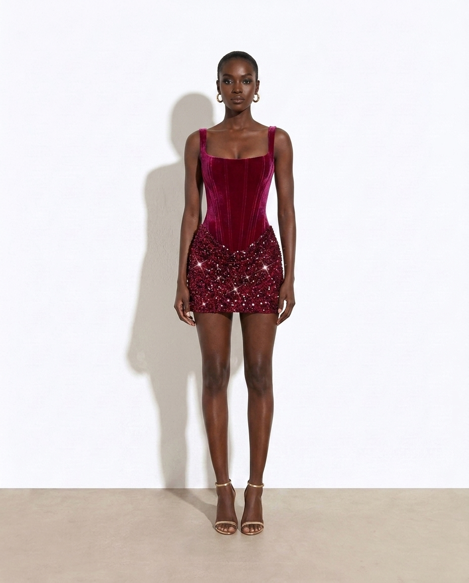Magenta Sequin Wide Strap Mini Dress on model