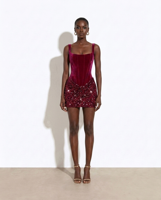 Magenta Sequin Wide Strap Mini Dress on model