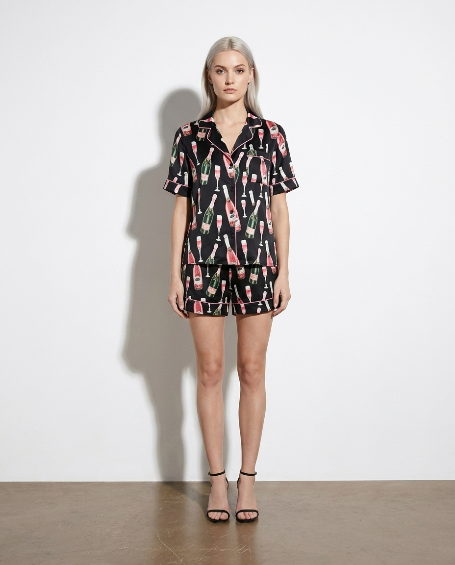 Trine Champagne Print Top and Shorts Set — studio model shot