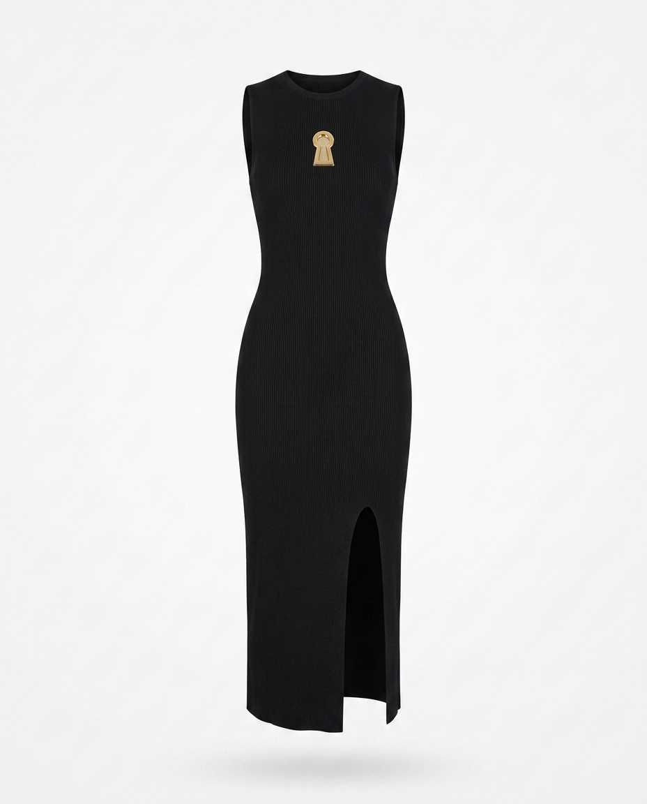 Treasa Slit Round Neck Sleeveless Dress — 3D ghost mannequin product shot