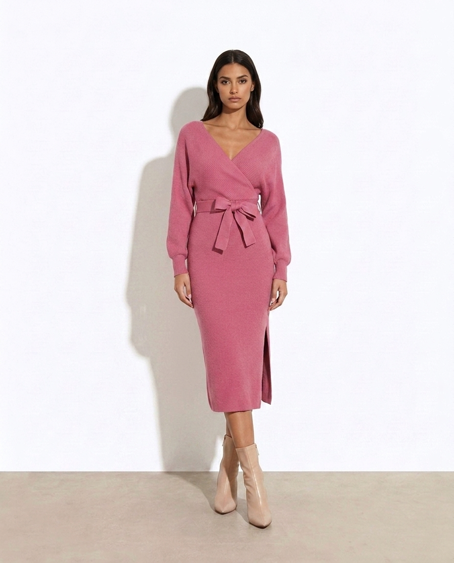 Torhild Surplice Neck Bow Waist Slit Sweater Dress — studio model shot