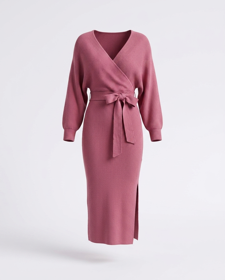Torhild Surplice Neck Bow Waist Slit Sweater Dress — 3D ghost mannequin product shot