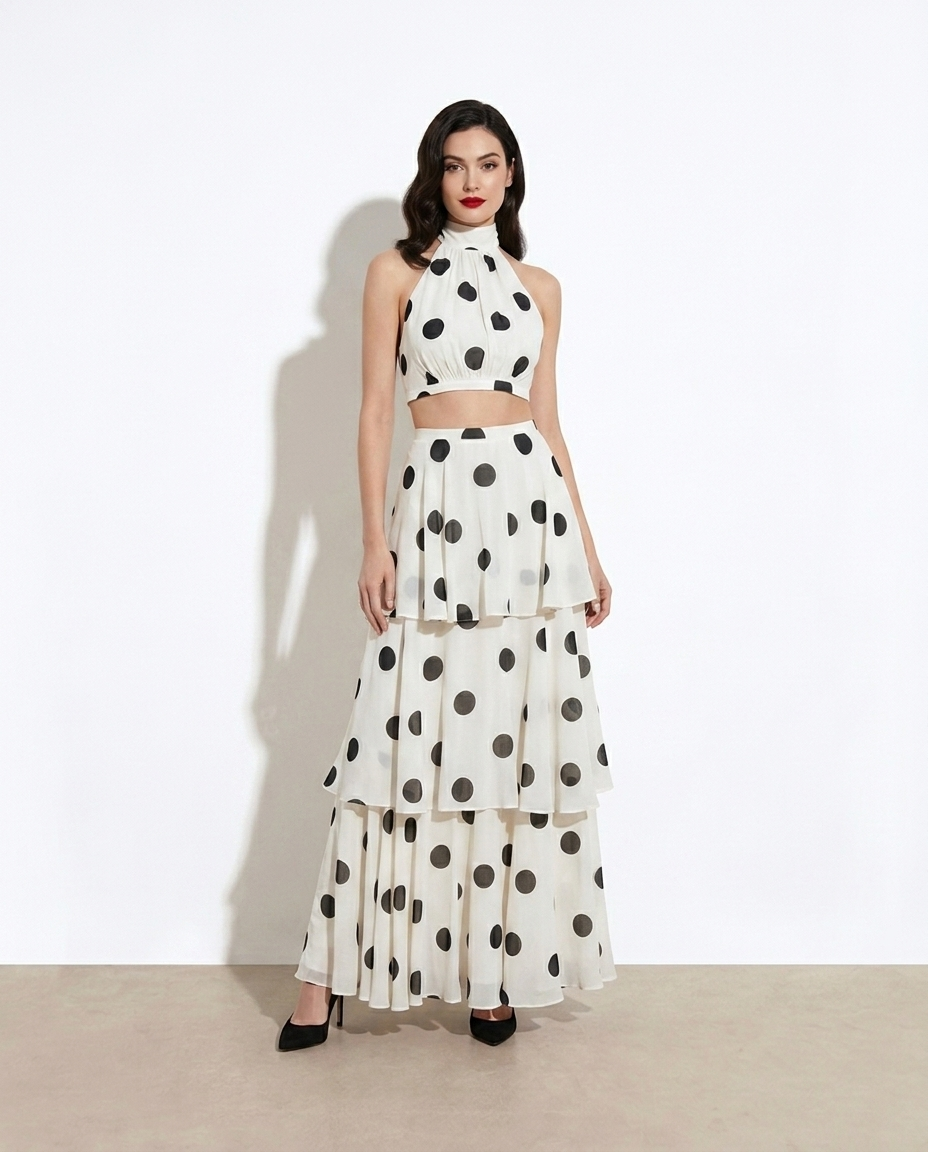 Tiphaine Polka-Dot Top and Layered Skirt Set — studio model shot