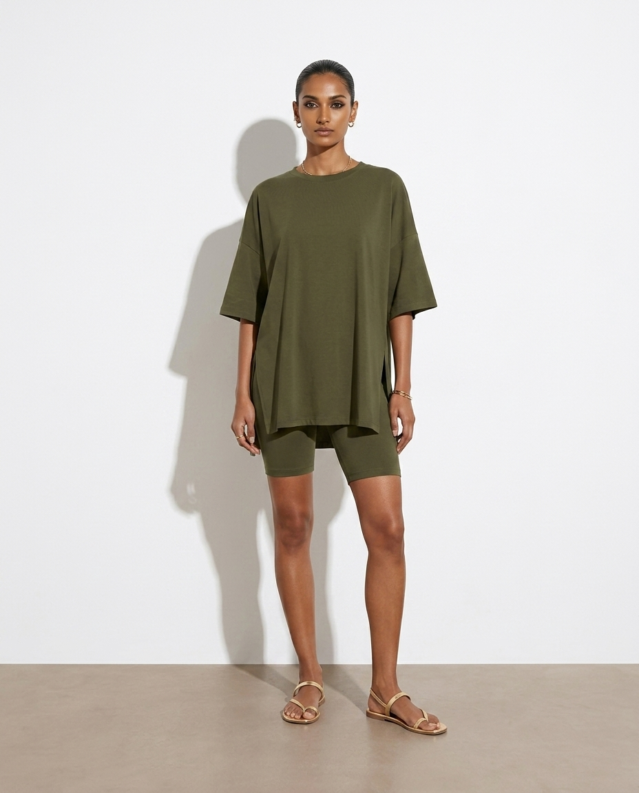 Theofania Oversized Slit Top and Shorts Lounge Set — studio model shot