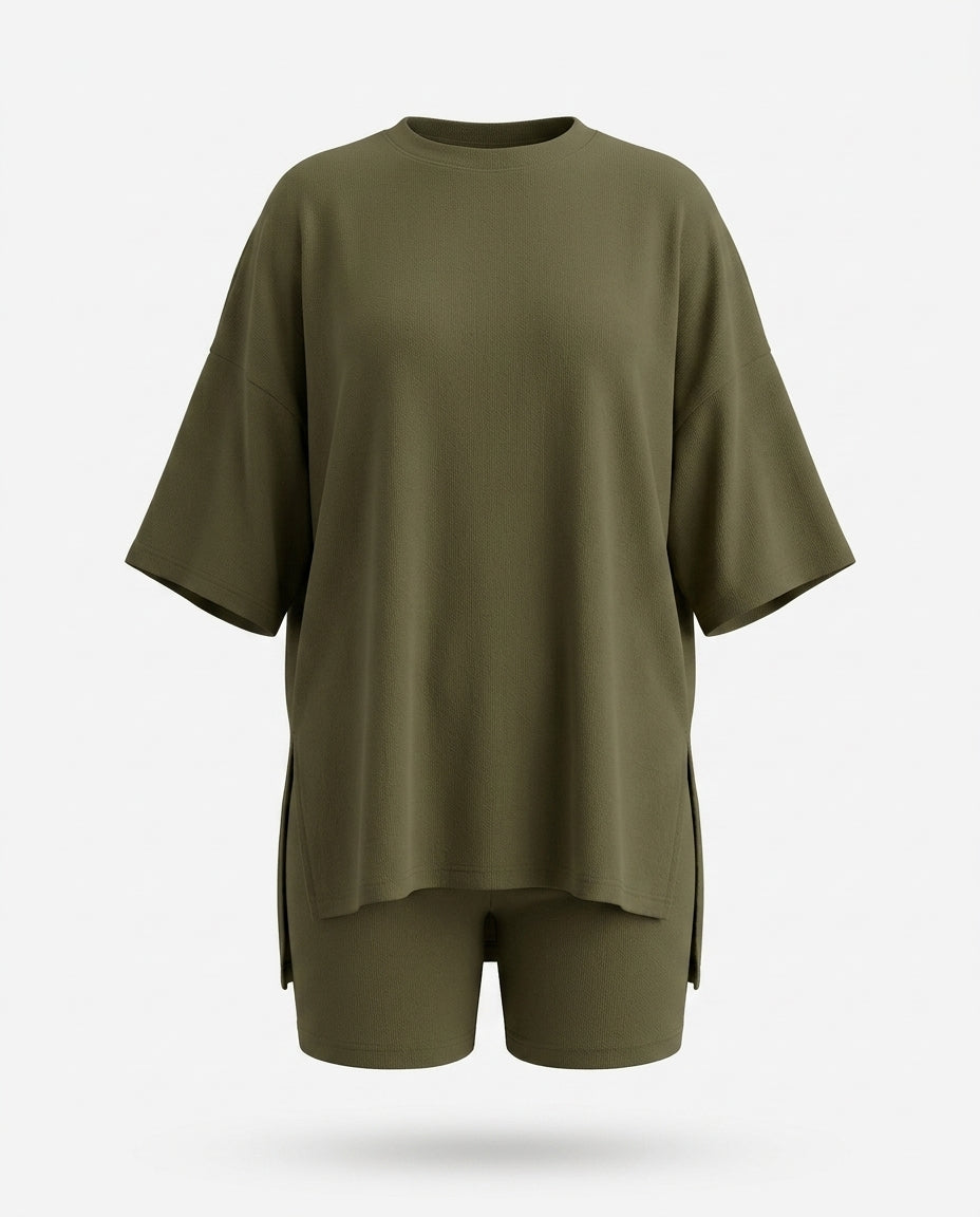 Theofania Oversized Slit Top and Shorts Lounge Set — 3D ghost mannequin product shot