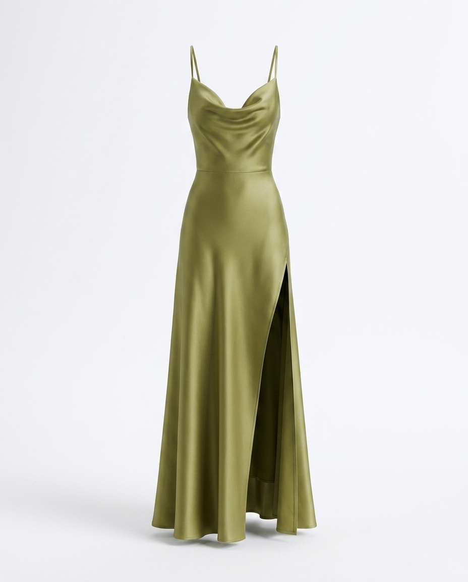 Thea Sage Satin Cowl Neck Slit Maxi Dress — 3D ghost mannequin product shot