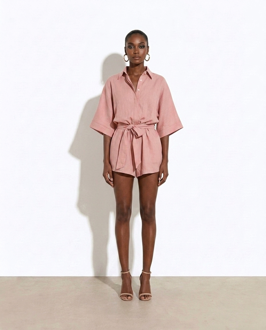 Thalia Tied Button-Up Collared Romper — studio model shot