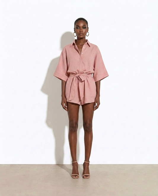 Thalia Tied Button-Up Collared Romper — studio model shot