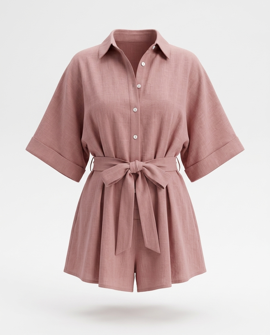 Thalia Tied Button-Up Collared Romper — 3D ghost mannequin product shot