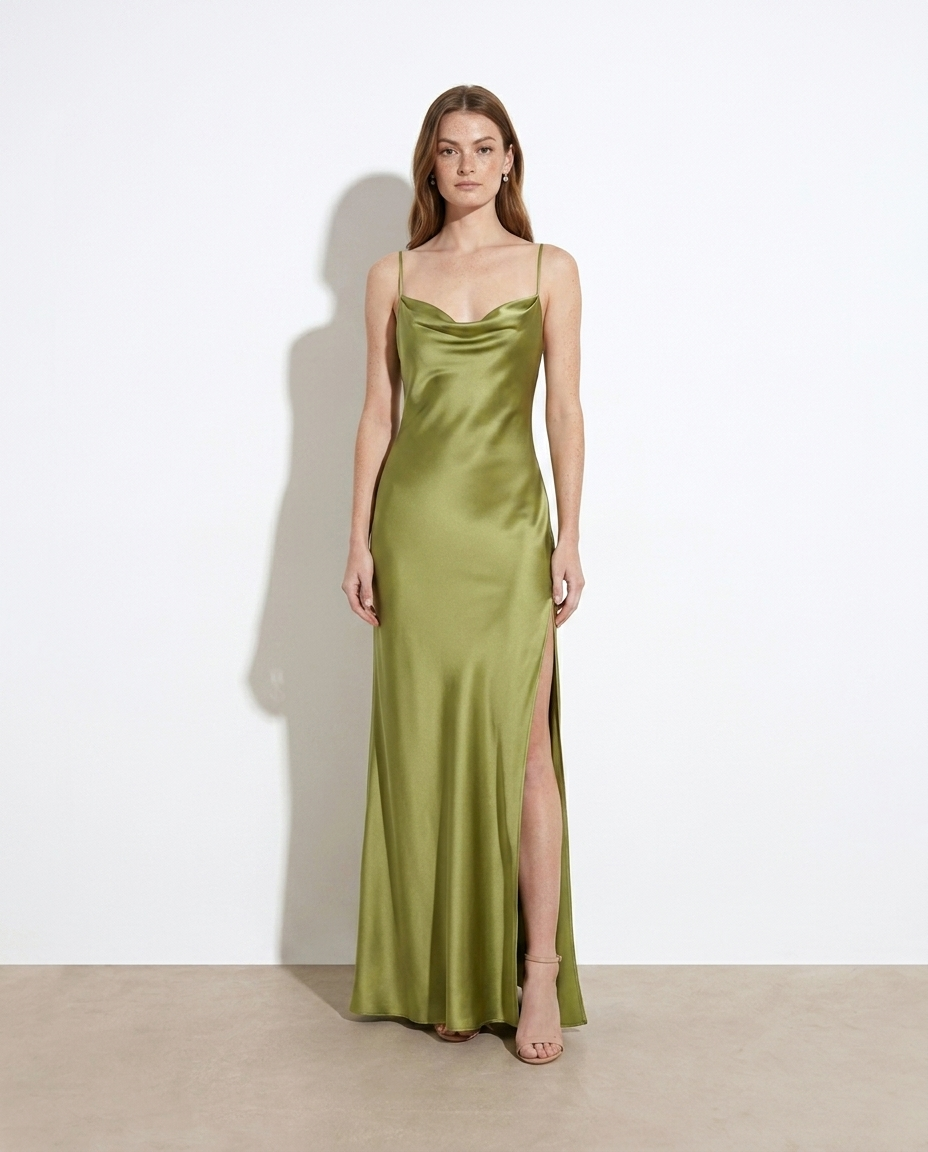 Thea Sage Satin Cowl Neck Slit Maxi Dress — studio model shot