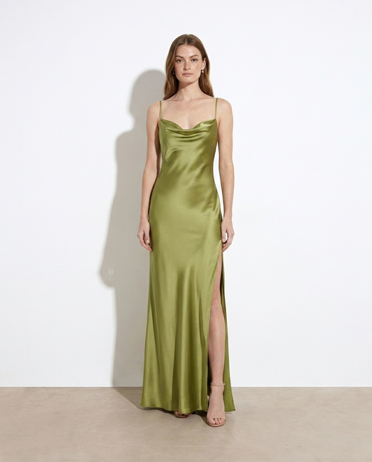 Thea Sage Satin Cowl Neck Slit Maxi Dress — studio model shot