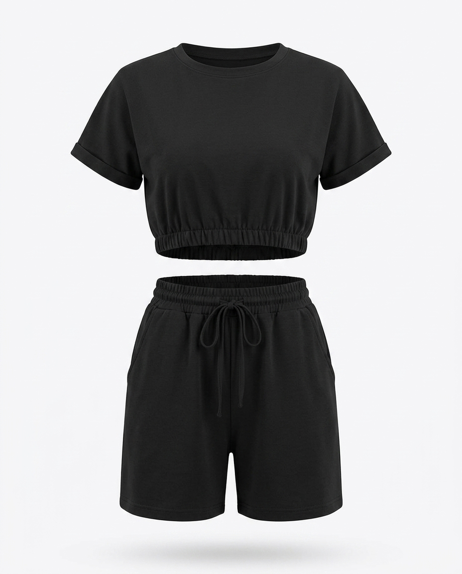 Tone Cropped Top and Drawstring Shorts Lounge Set — 3D ghost mannequin product shot