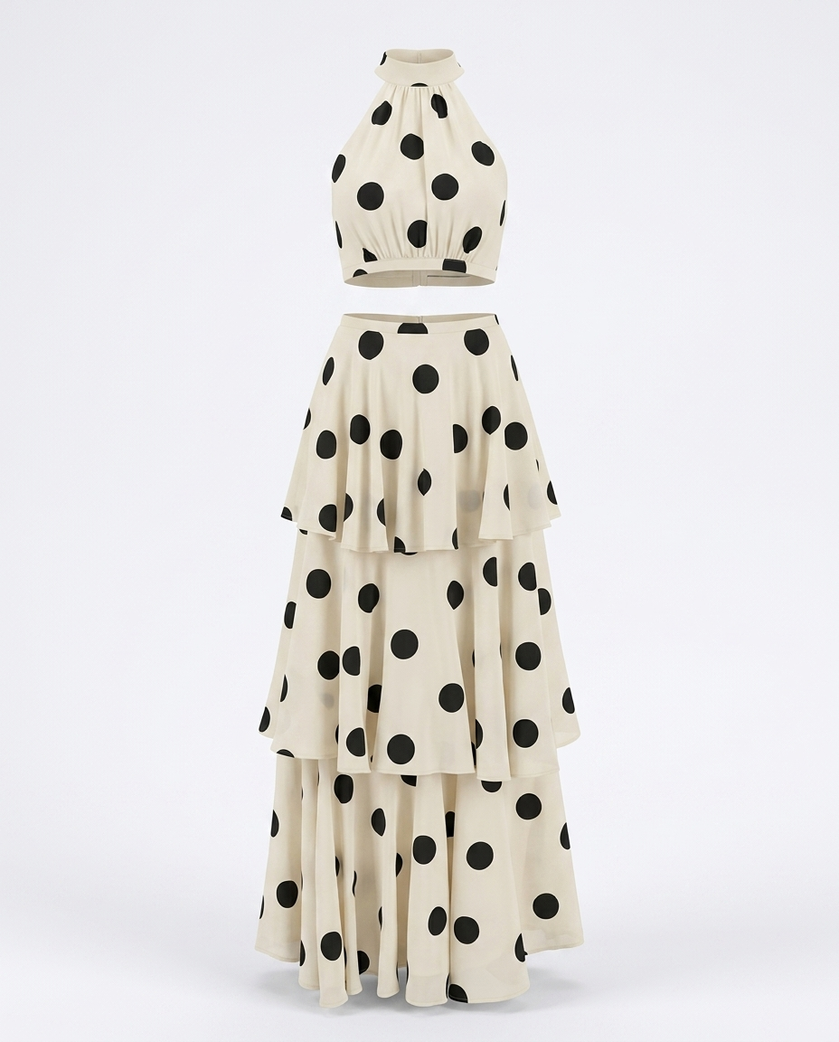 Tiphaine Polka-Dot Top and Layered Skirt Set — 3D ghost mannequin product shot