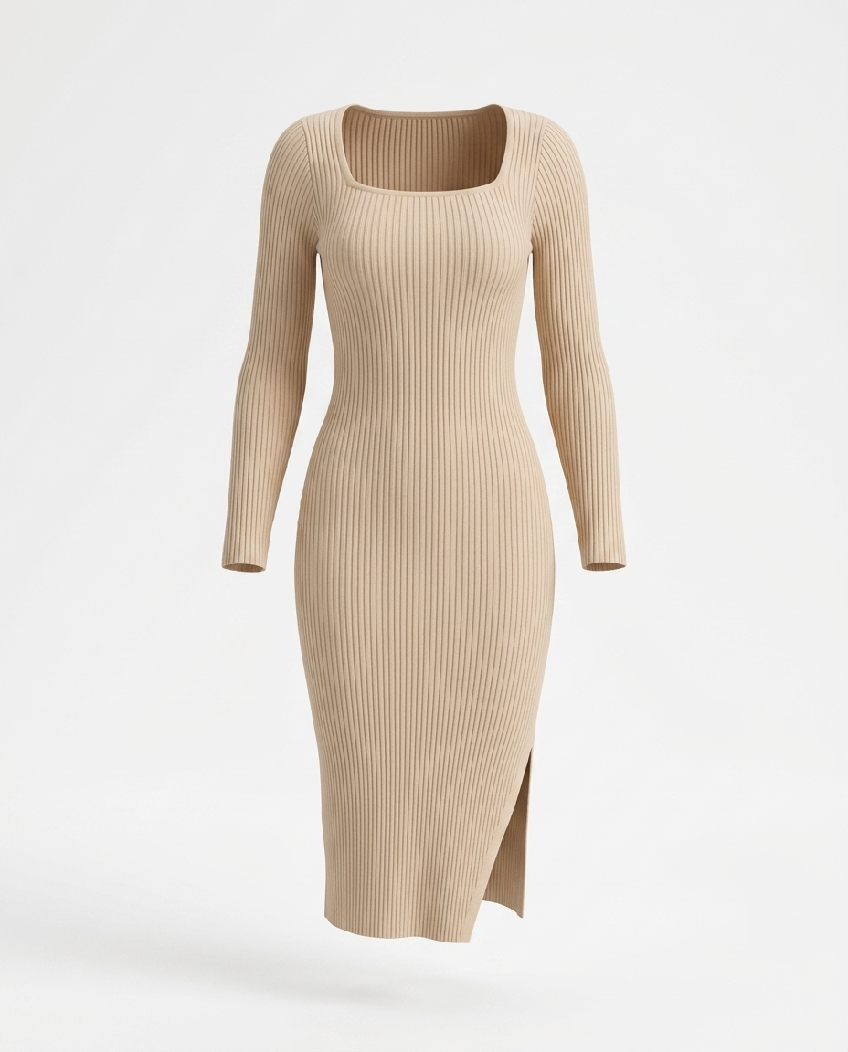 Tordis Rib-Knit Slit Sweater Dress — 3D ghost mannequin product shot