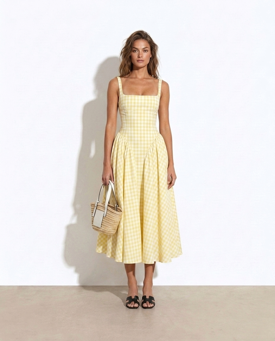 Stesha Plaid Square Neckline Midi Dress — studio model shot