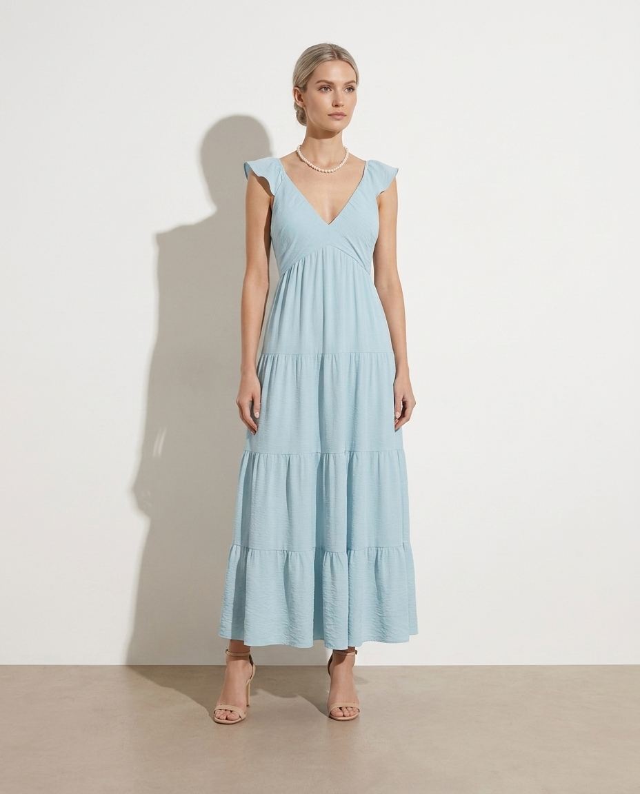 Stéphanie V-Neck Tiered Flutter-Sleeve Dress — studio model shot