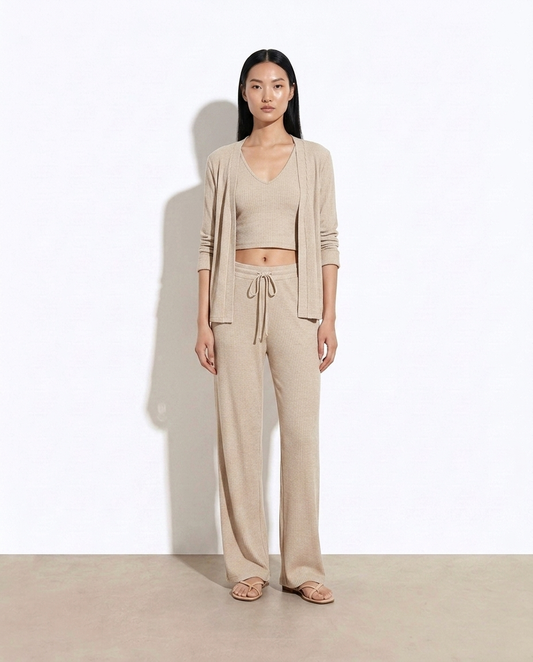 Stephania V-Neck Tank, Cardigan and Pants Lounge Set — studio model shot
