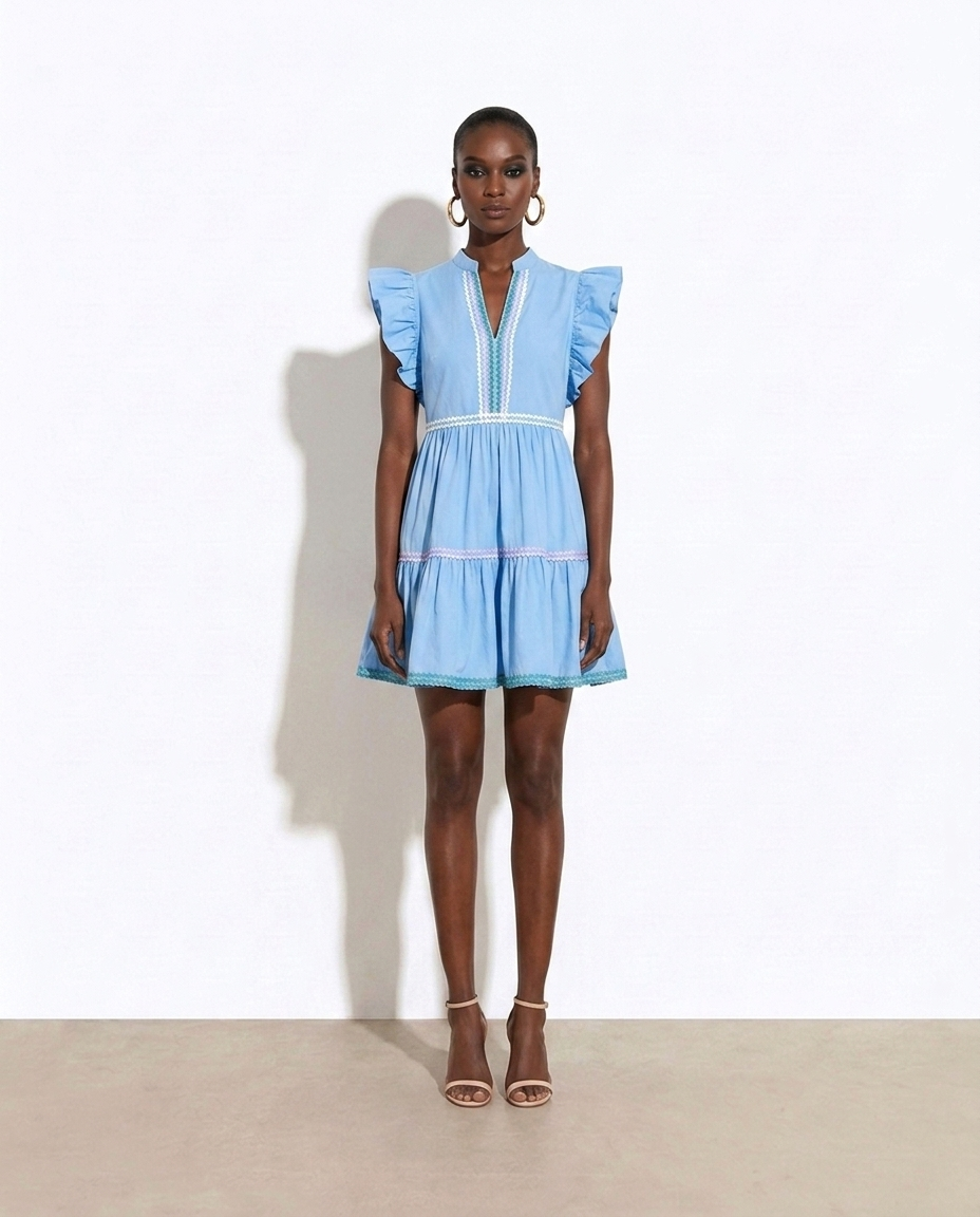 Stefania Ruffled Notched Cap Sleeve Mini Dress — studio model shot