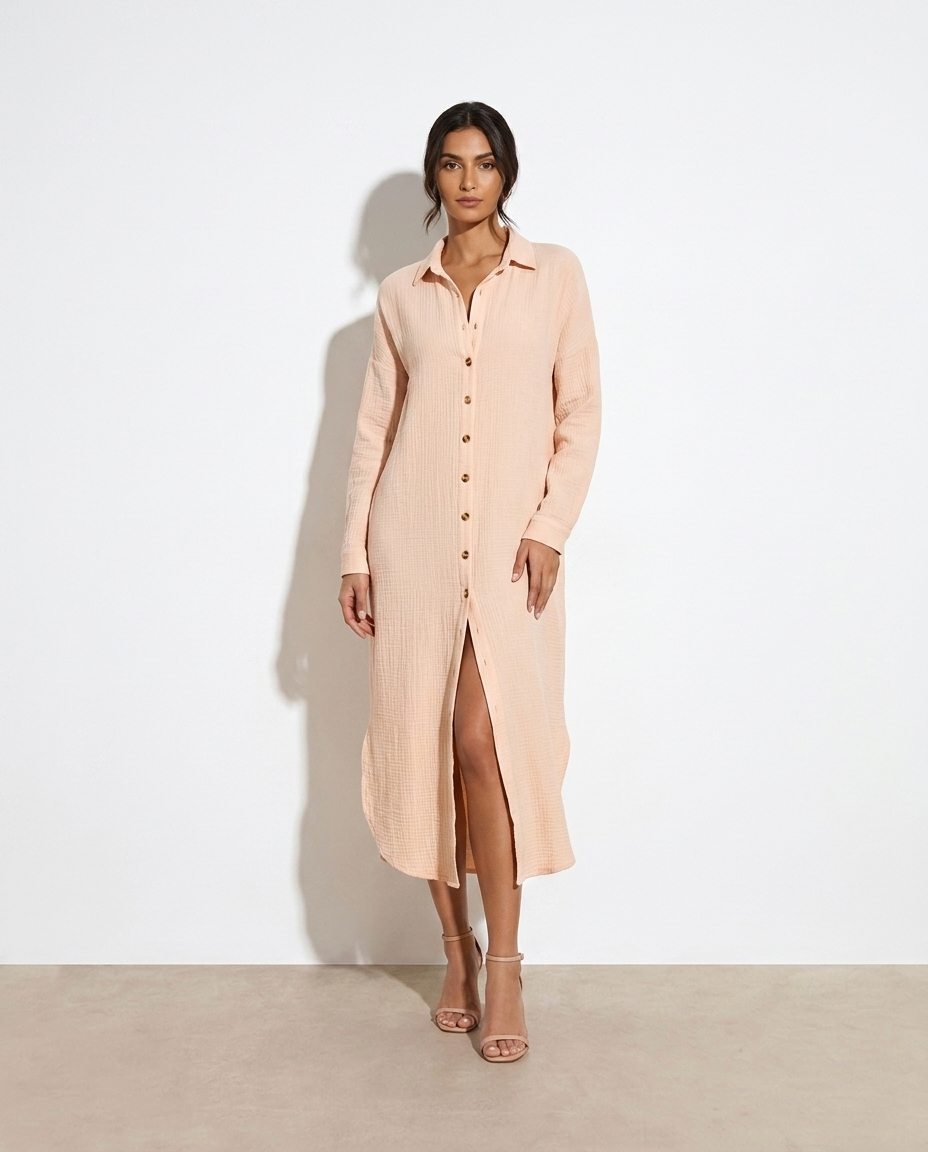 Stanislava Button Front Textured Slit Shirt Dress — studio model shot