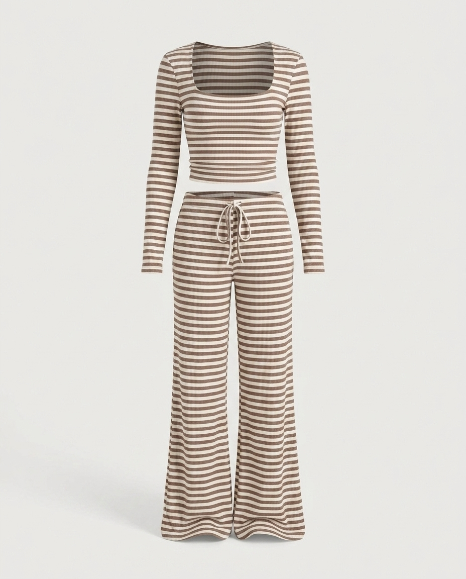 Susan Striped LS Crop Top & Wide Leg Pants Set — 3D ghost mannequin product shot