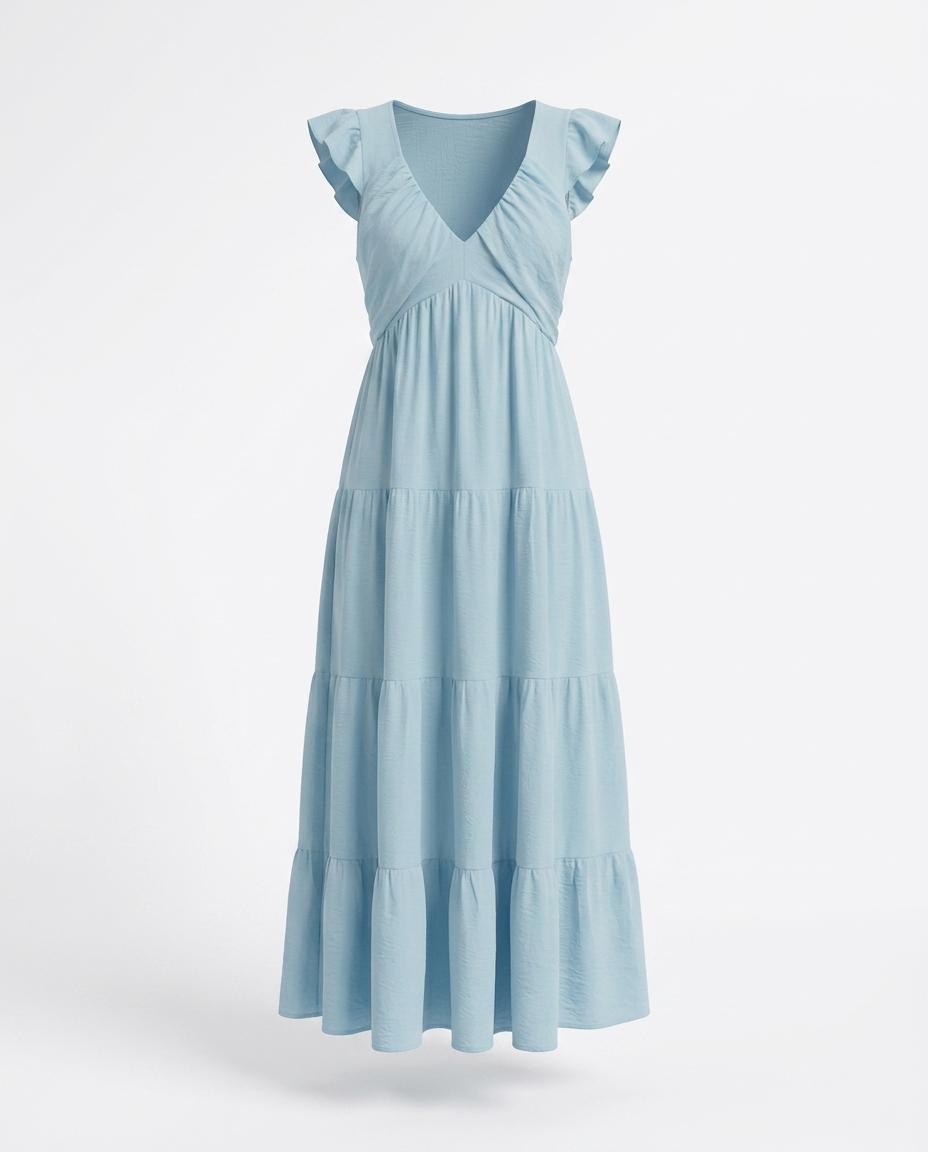 Stéphanie V-Neck Tiered Flutter-Sleeve Dress — 3D ghost mannequin product shot