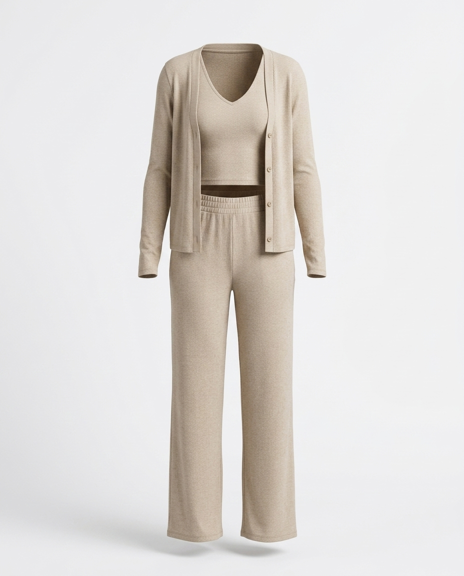 Stephania V-Neck Tank, Cardigan and Pants Lounge Set — 3D ghost mannequin product shot