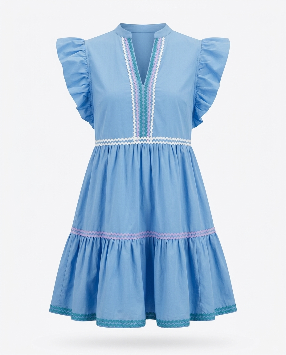 Stefania Ruffled Notched Cap Sleeve Mini Dress — 3D ghost mannequin product shot