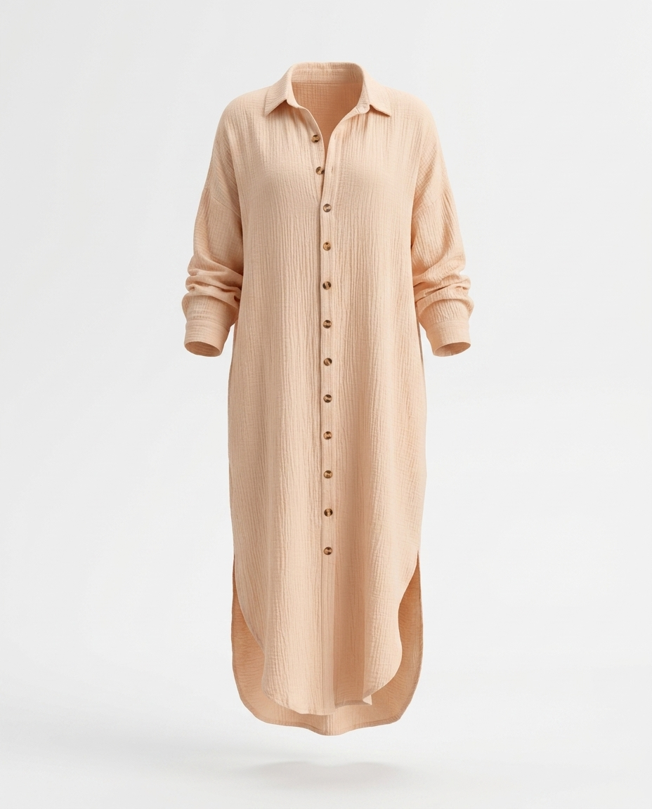 Stanislava Button Front Textured Slit Shirt Dress — 3D ghost mannequin product shot
