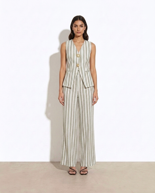 Stamatia Striped Sleeveless V-Neck Top and Pants Set — studio model shot