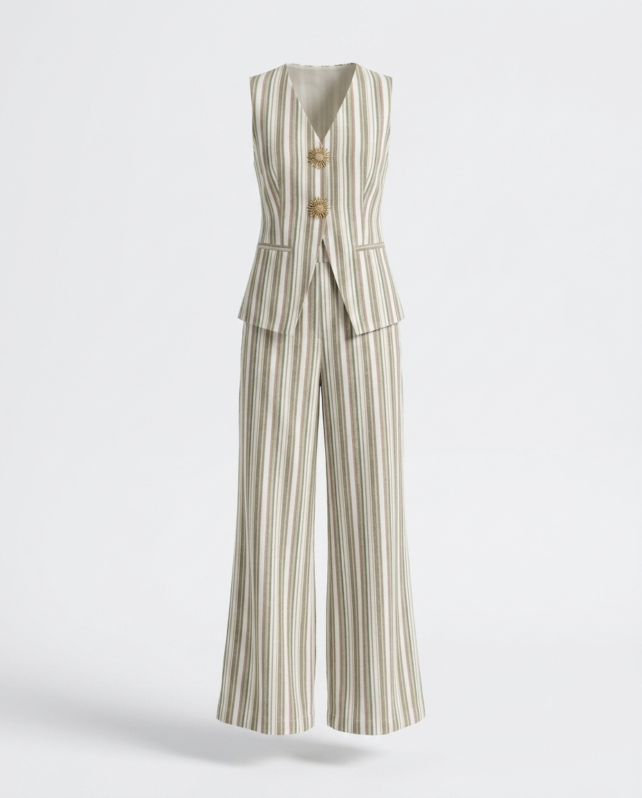 Stamatia Striped Sleeveless V-Neck Top and Pants Set — 3D ghost mannequin product shot