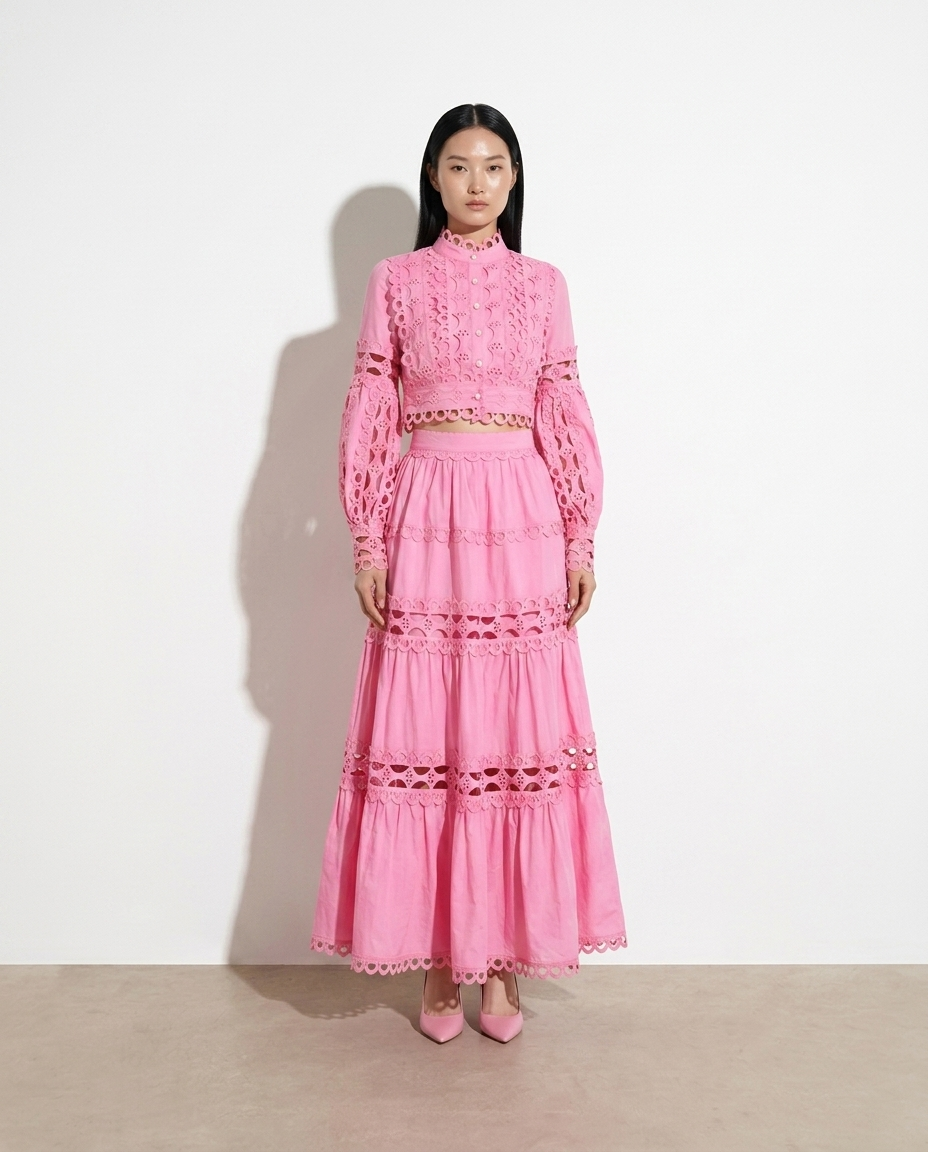 Sorcha-Mae Lace Button Up LS Top and Skirt Set — studio model shot