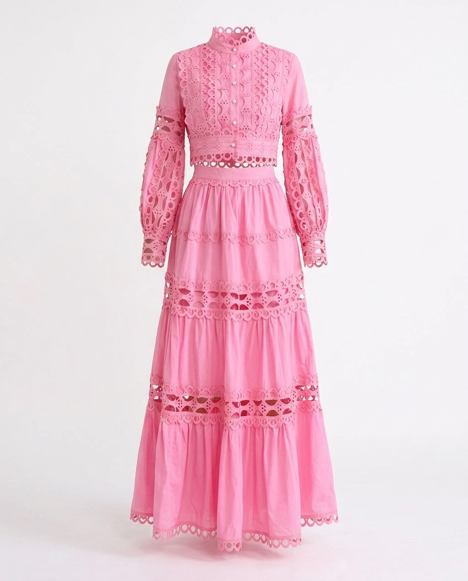 Sorcha-Mae Lace Button Up LS Top and Skirt Set — 3D ghost mannequin product shot
