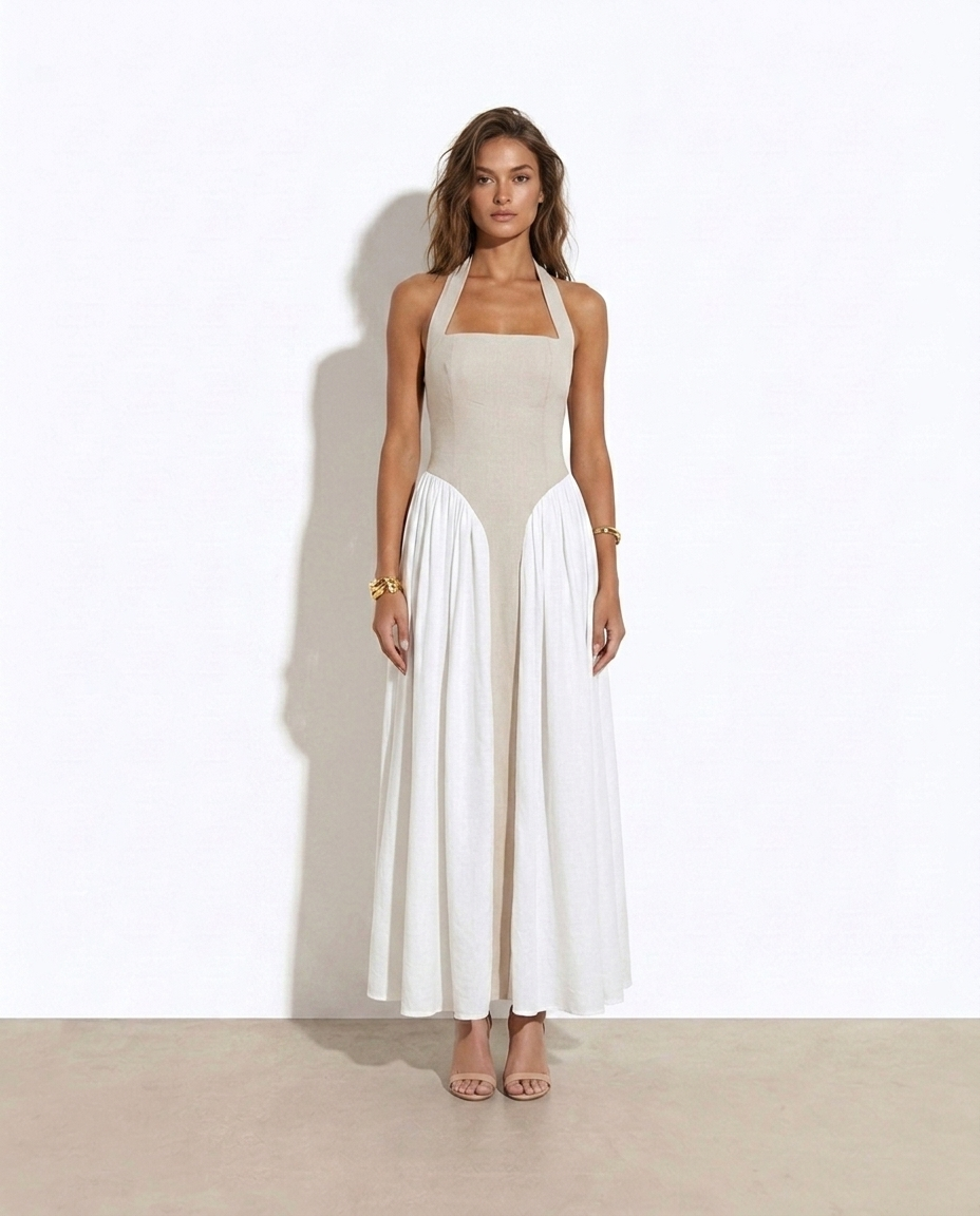 Sophie Two-Tone Halter Maxi Dress — studio model shot