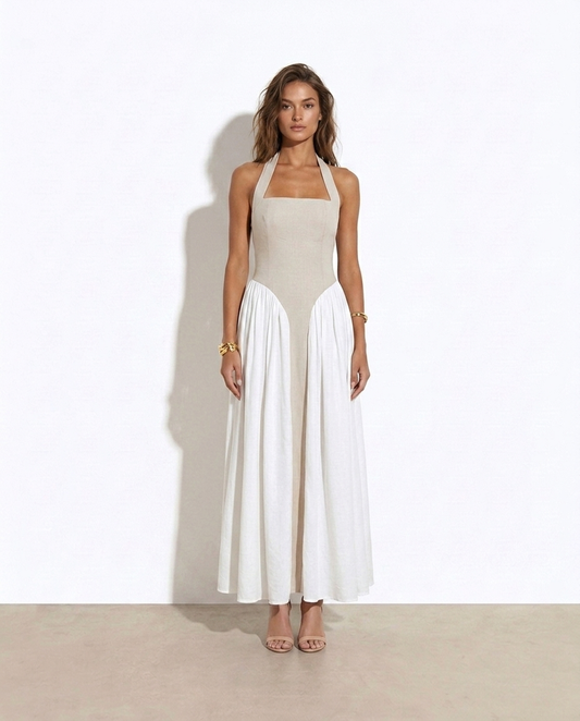 Sophie Two-Tone Halter Maxi Dress — studio model shot