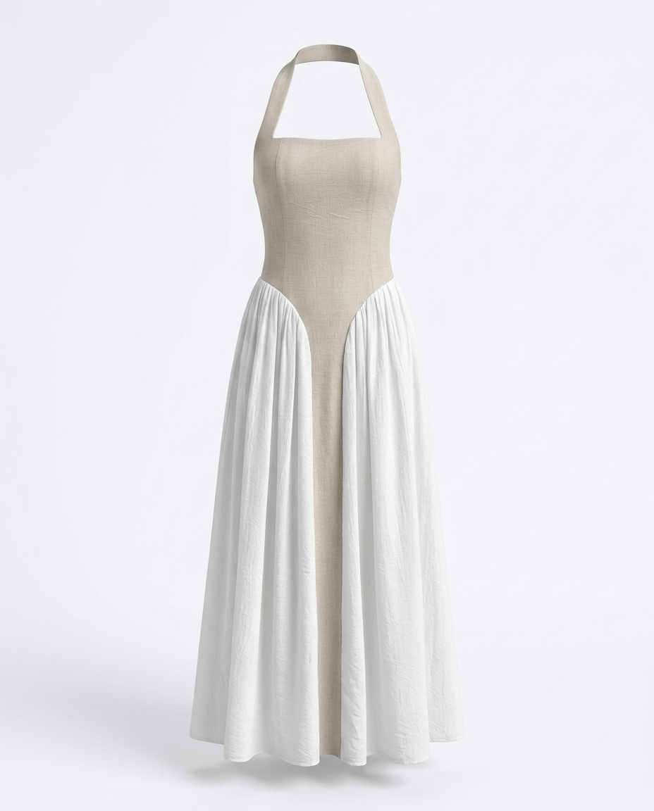 Sophie Two-Tone Halter Maxi Dress — 3D ghost mannequin product shot
