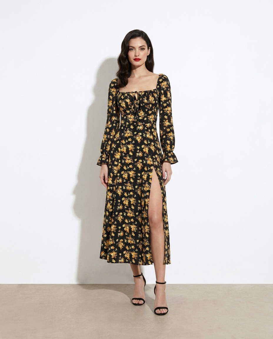 Solfrid Square Neck Printed Slit Dress — studio model shot