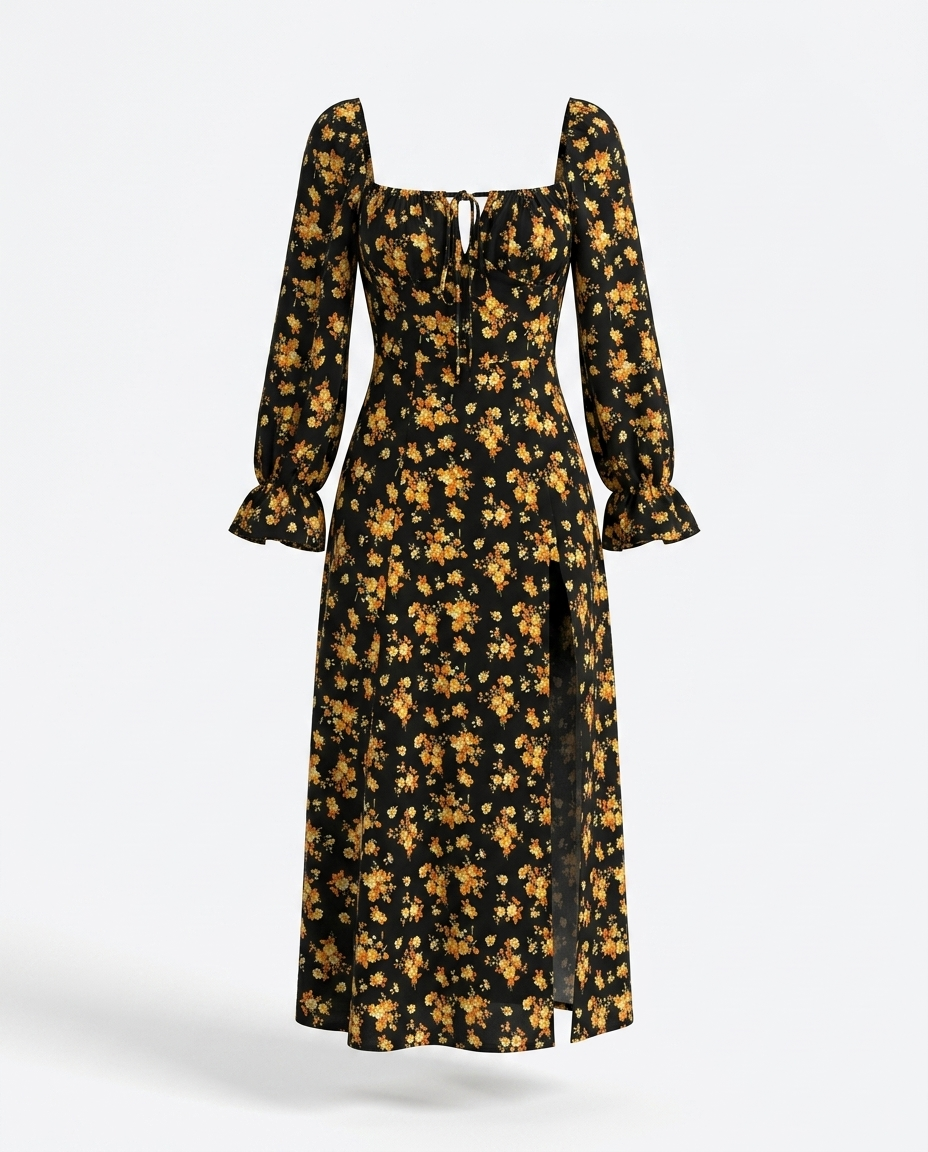 Solfrid Square Neck Printed Slit Dress — 3D ghost mannequin product shot