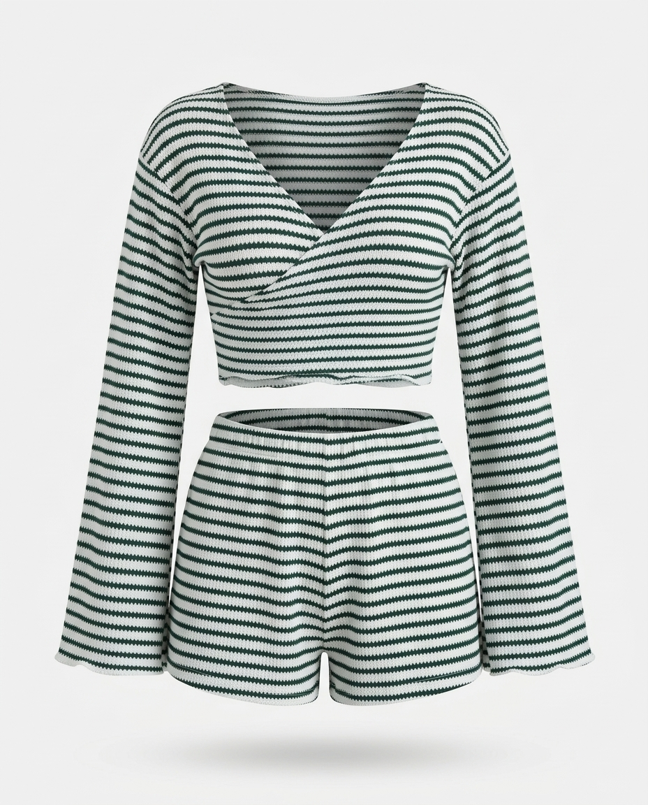 Soleil Striped LS Top and Shorts Set — 3D ghost mannequin product shot