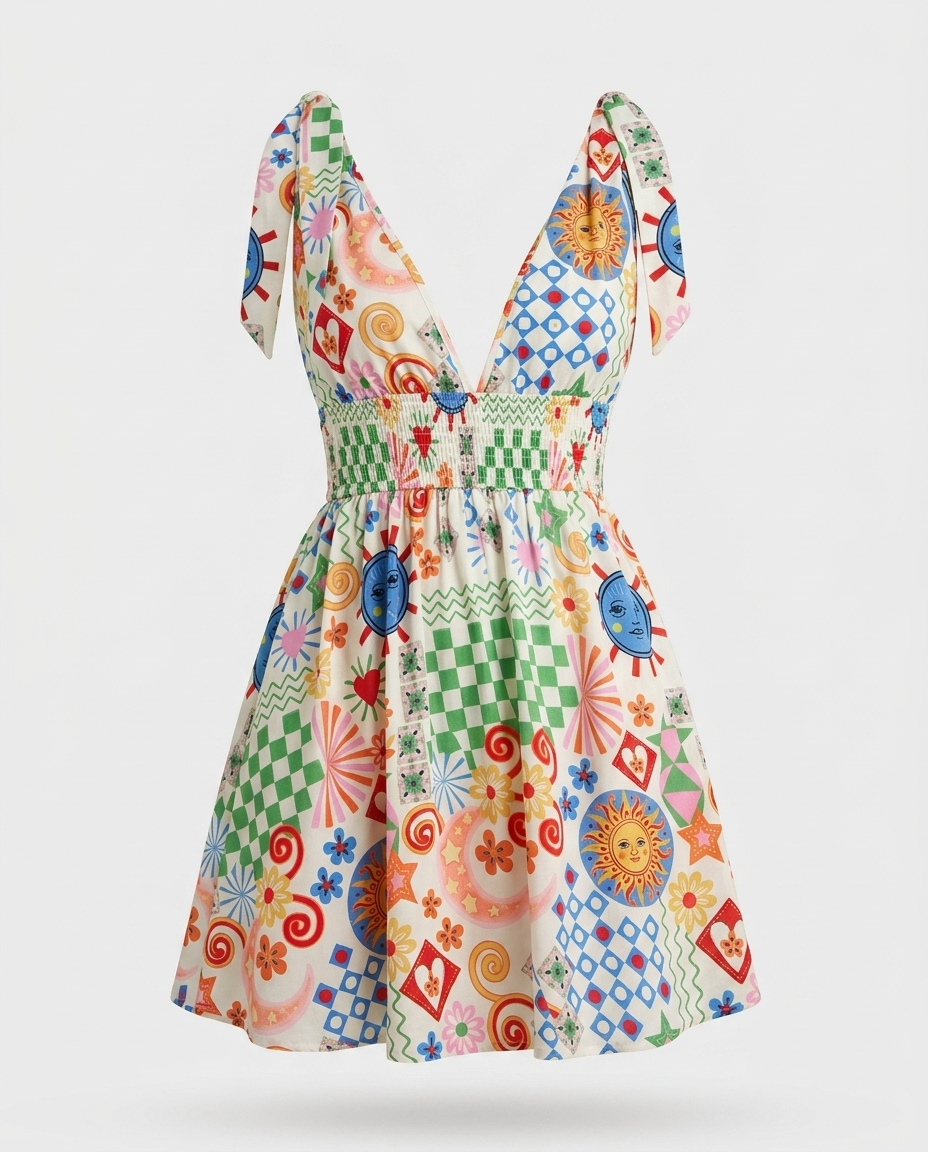 Solange V-Neck Smocked Printed Mini Dress — 3D ghost mannequin product shot