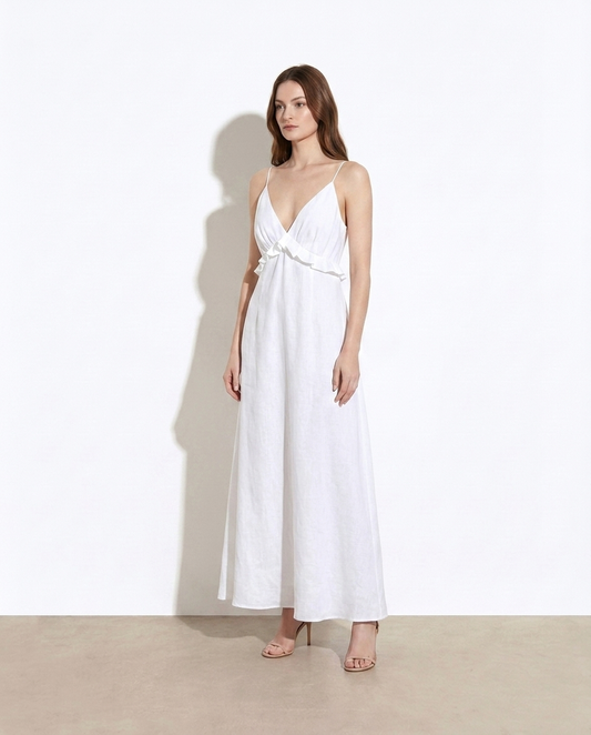 Snezhda Ruffled V-Neck Maxi Dress — studio model shot