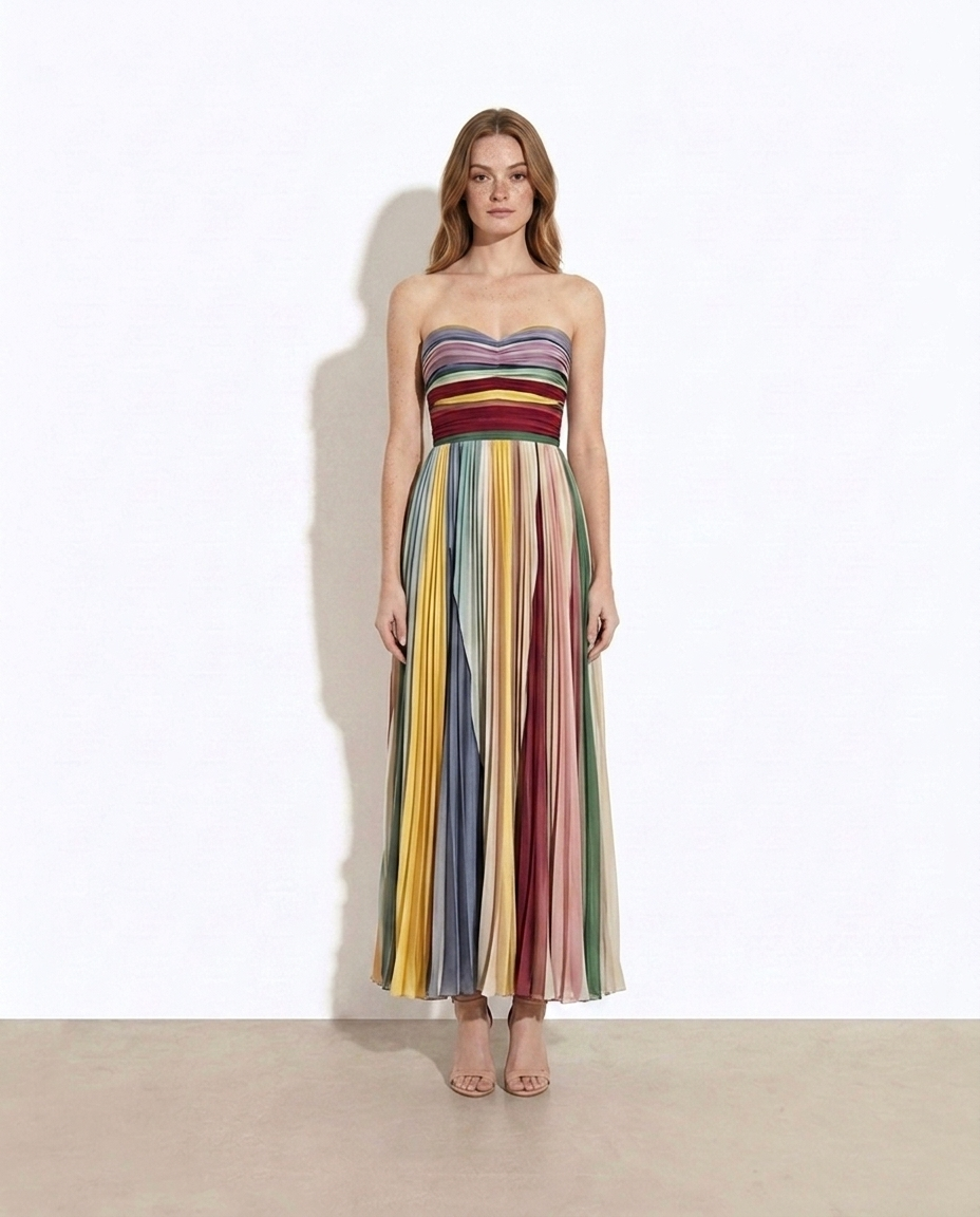 Snezhana Striped Pleated Strapless Maxi Dress — studio model shot
