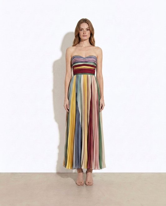 Snezhana Striped Pleated Strapless Maxi Dress — studio model shot