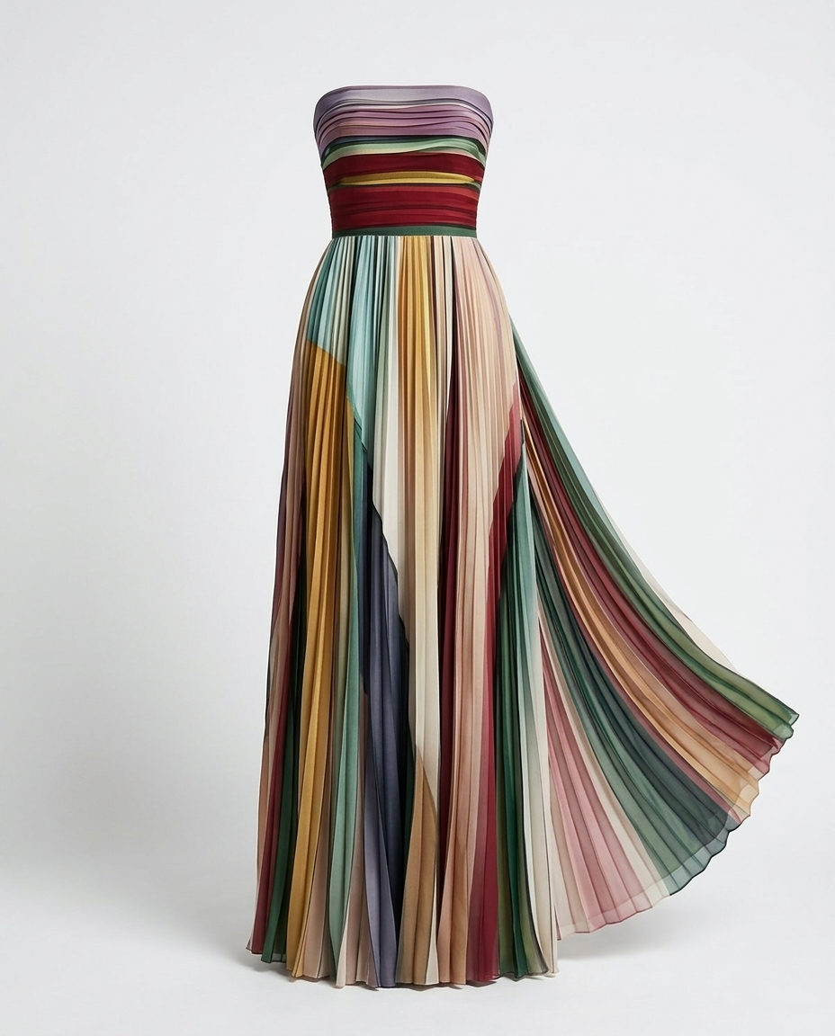 Snezhana Striped Pleated Strapless Maxi Dress — 3D ghost mannequin product shot