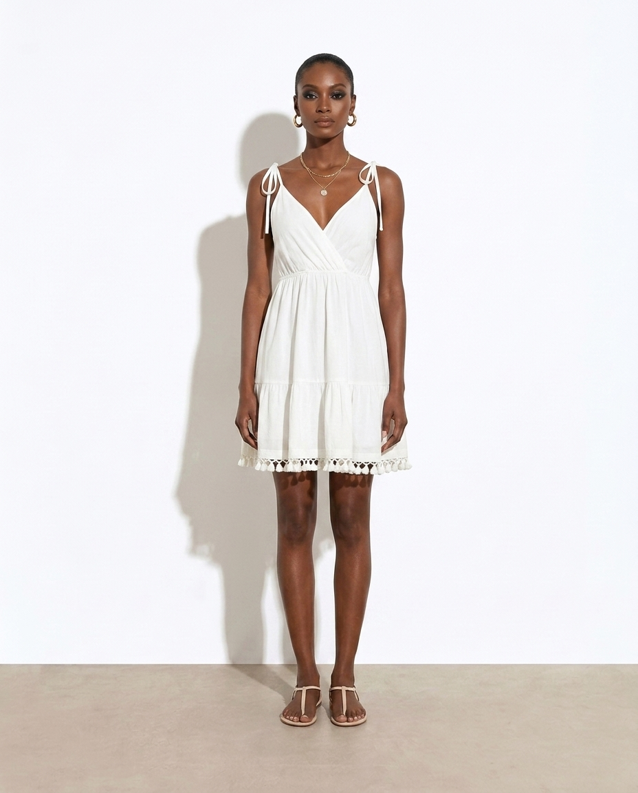 Slavena Surplice Summer Mini Dress with Tassel Hem — studio model shot