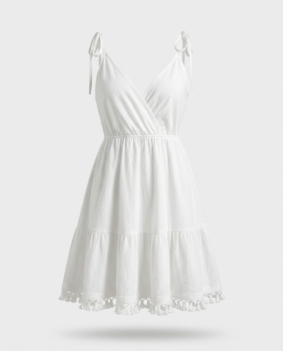 Slavena Surplice Summer Mini Dress with Tassel Hem — 3D ghost mannequin product shot